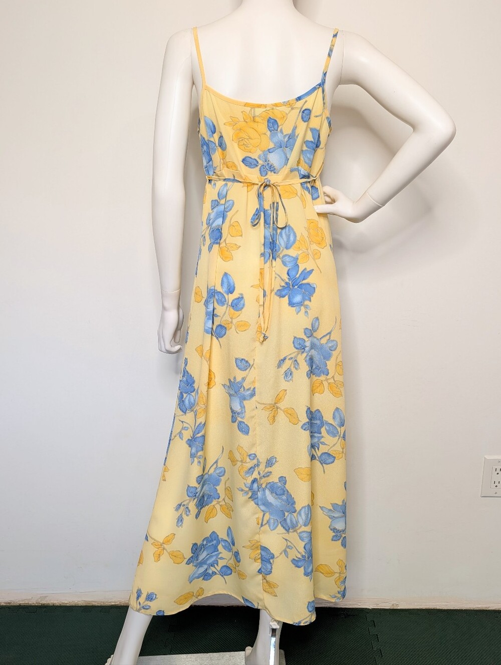 Y2K Yellow & Blue Floral Spaghetti Strap Empire Waist Semi Sheer Maxi Dress - Picture 7 of 13